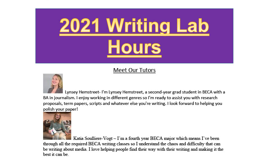 Spring 2021 Writing Lab Hours Department of Broadcast and Electronic